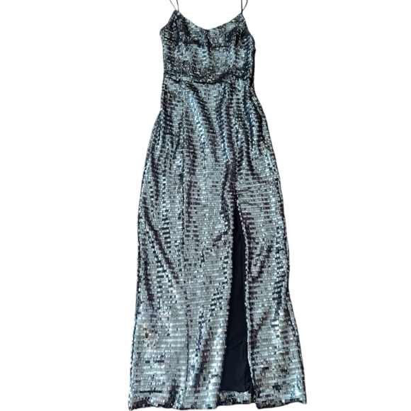 NBD x Revolve long gunmetal Cocktail Showgirl Embellished Sequined Gown Sz S - Picture 7 of 15